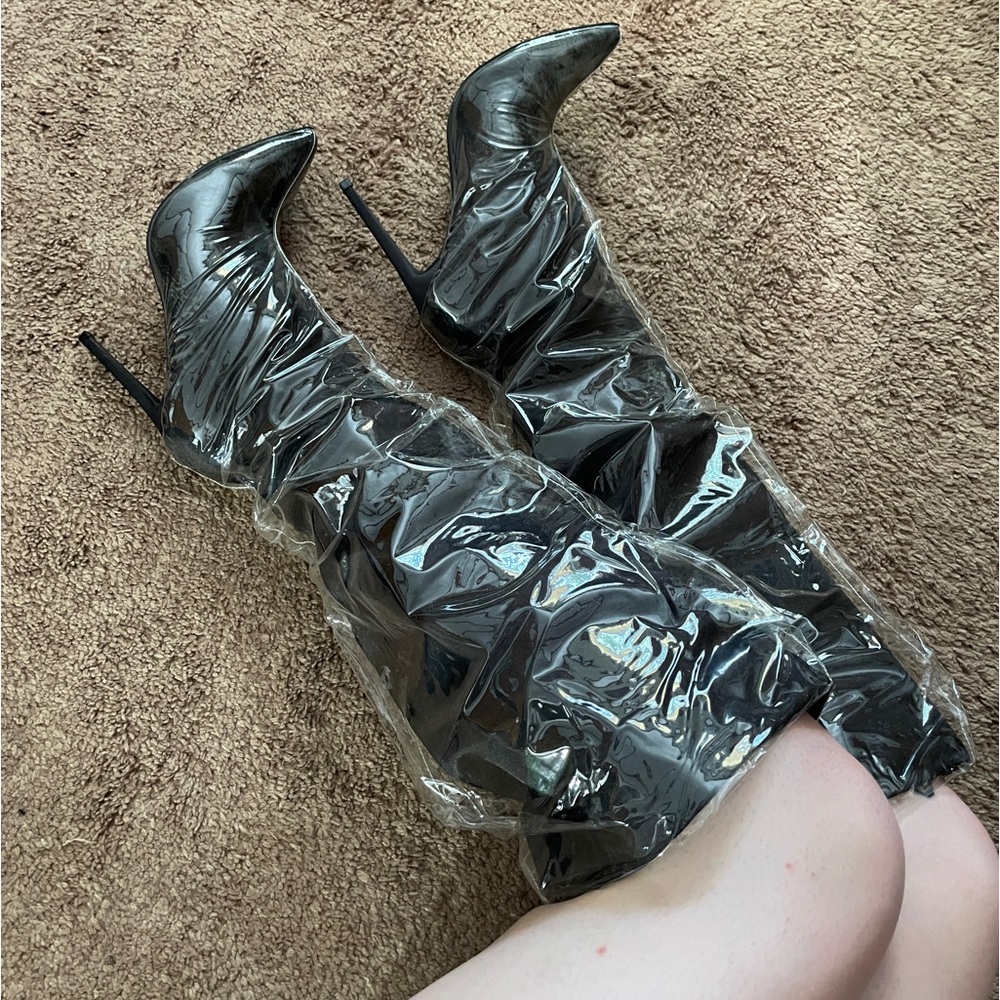 Liliana Black satin and PU stiletto knee high boots